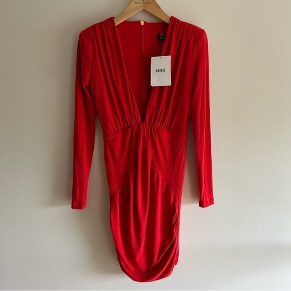 Nookie Temptation Long Sleeve V Neck Red Mini Dress sz L - Picture 3 of 8
